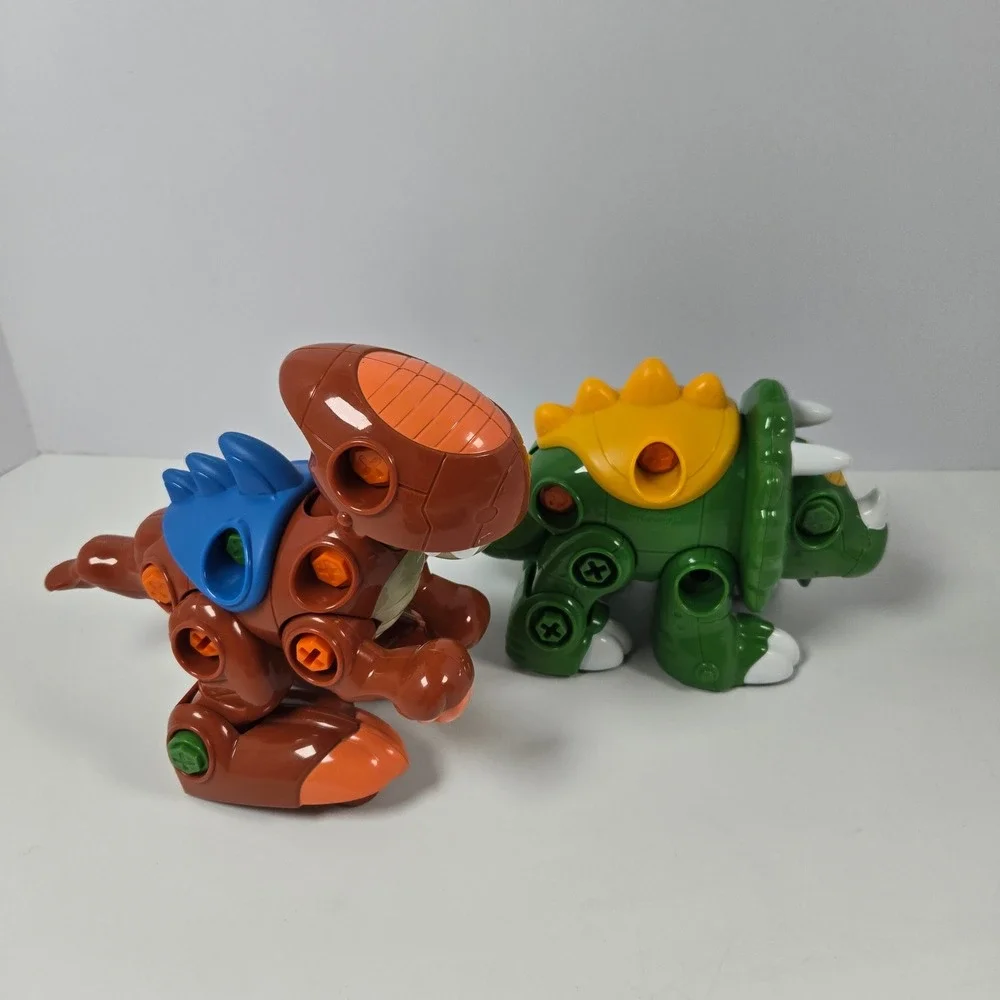 Take Apart Dinosaur Toys Set 2pc Brown Green STEM Building Drill Tool Blocks